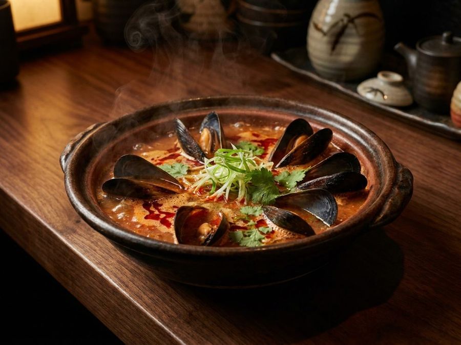 Spicy Steamed Mussels: Six mussels in a spicy broth