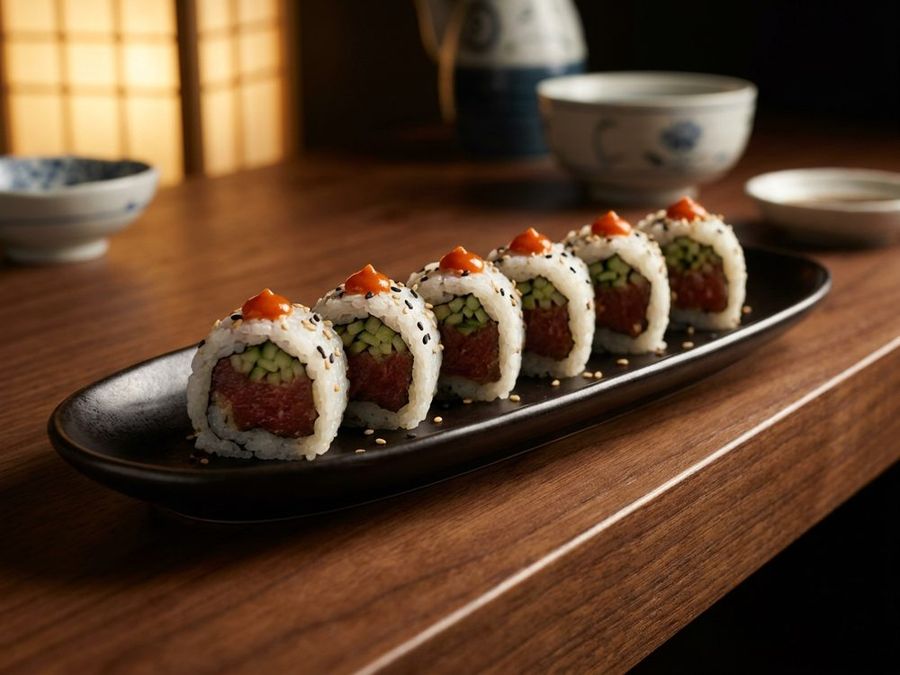 Spicy Tuna: Tuna, cucumber, mayo, Japanese hot sauce