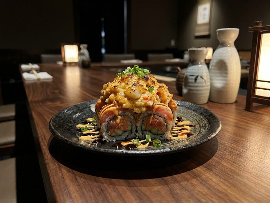 Volcano Roll: Tuna, cucumber, mayo inside; baked scallop, conch and krab salad on top