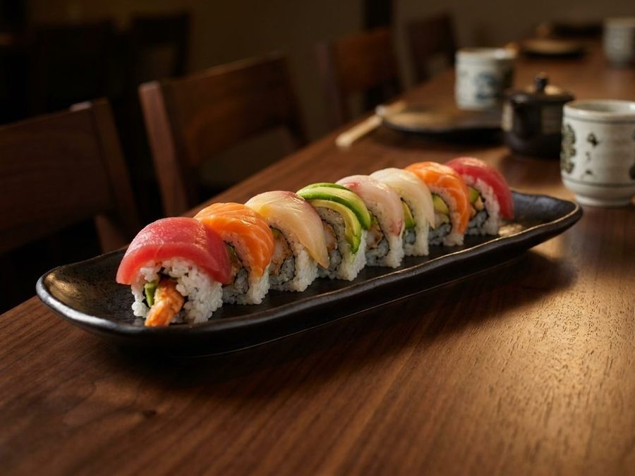 Rainbow Roll: An arc of assorted fish over a California roll