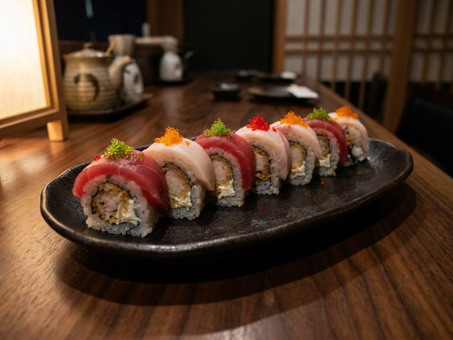 Hana Roll: Tempura krab and cream cheese inside; tuna, albacore and three roes outside