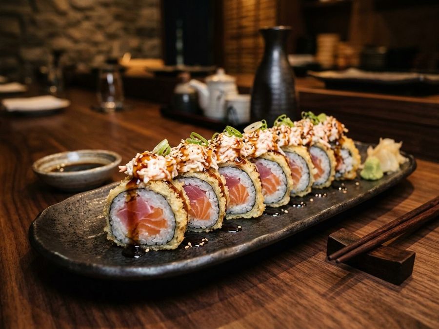 Tempura Roll: Tuna and salmon tempura inside, krab salad on top