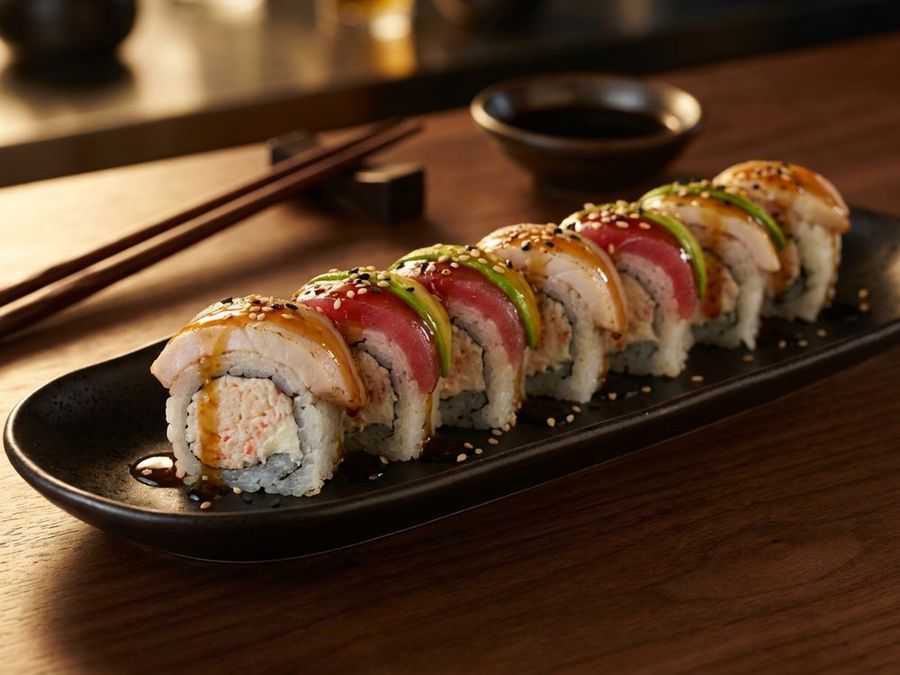 Ocean's 11: Krab and cream cheese inside; albacore, tuna and avocado on top